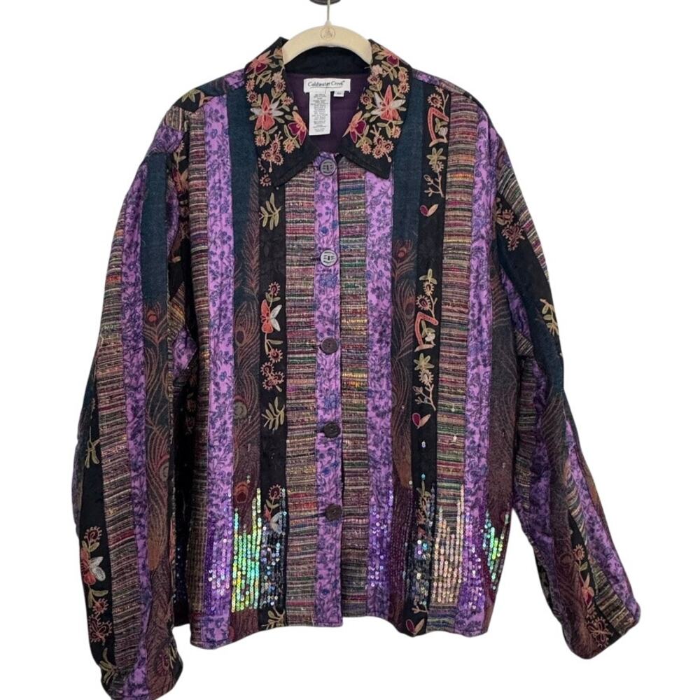 Coldwater Creek Purple Patchwork Sequin Shirt Jacket 2X Plus Boho Floral  Blazer